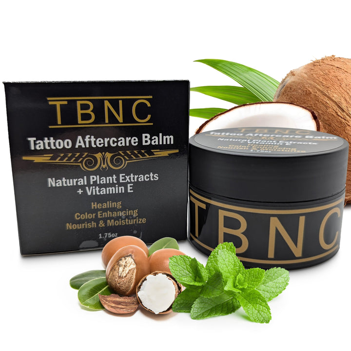 TBNC Tattoo Aftercare Balm packaging with natural elements on a white background