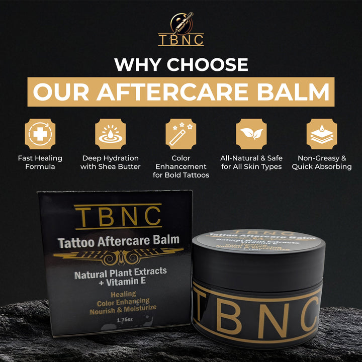 TBNC tattoo  aftercare balm packaging with product and box on a dark background