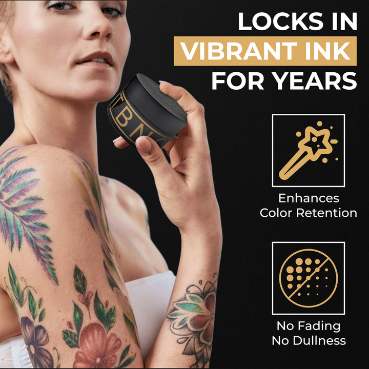Person with tattoos holding a product container, with text about ink color retention and fading.