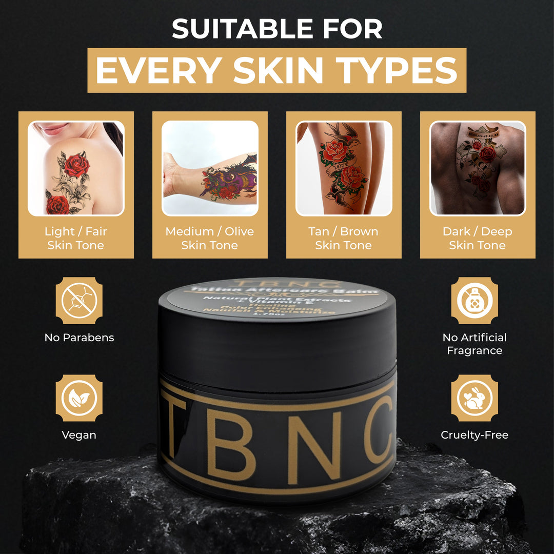 Tattoo aftercare balm with skin type compatibility and product features on a dark background