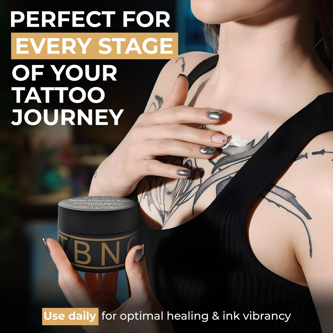Person with tattoos holding a jar labeled 'B N' with text about tattoo care.