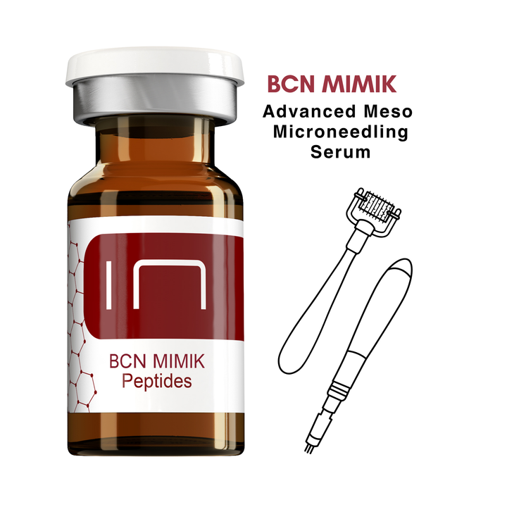 BCN Mimik advance peptides anti-wrinkle solution with argireline,  showing one vial with the microneedling and derma roller