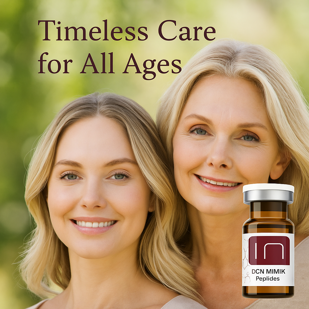 BCN Mimik advance peptides anti-wrinkle solution with argireline, Timeless care for all ages, showing mother and daughter
