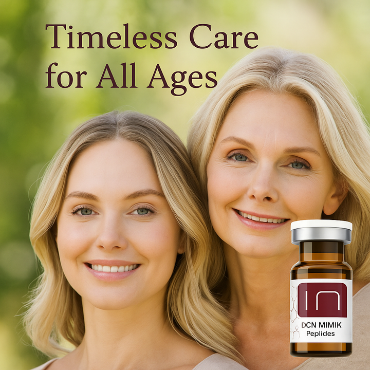 BCN Mimik advance peptides anti-wrinkle solution with argireline, Timeless care for all ages, showing mother and daughter