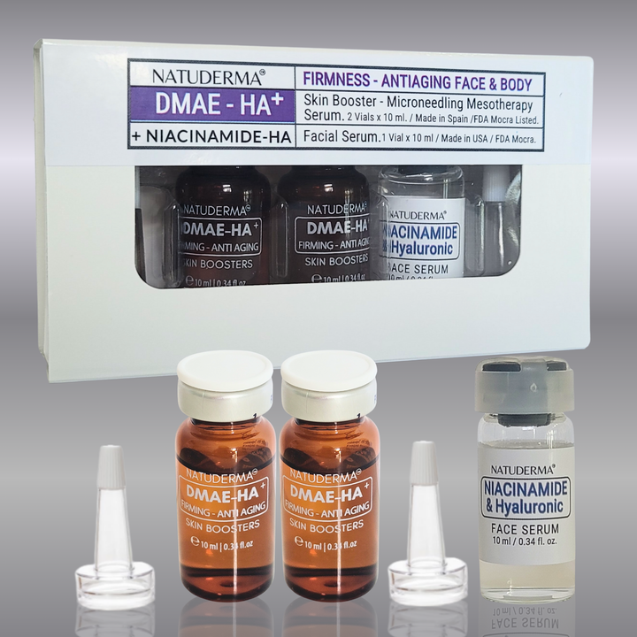 Natuderma skincare product set with DMAE-HA and Niacinamide-HA serums on a gray background