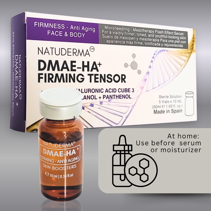 Naturderma DMAE-HA Firming Tensor, hyaluronic acid and DMAE microneedling serum, packaging with vial on a gray background