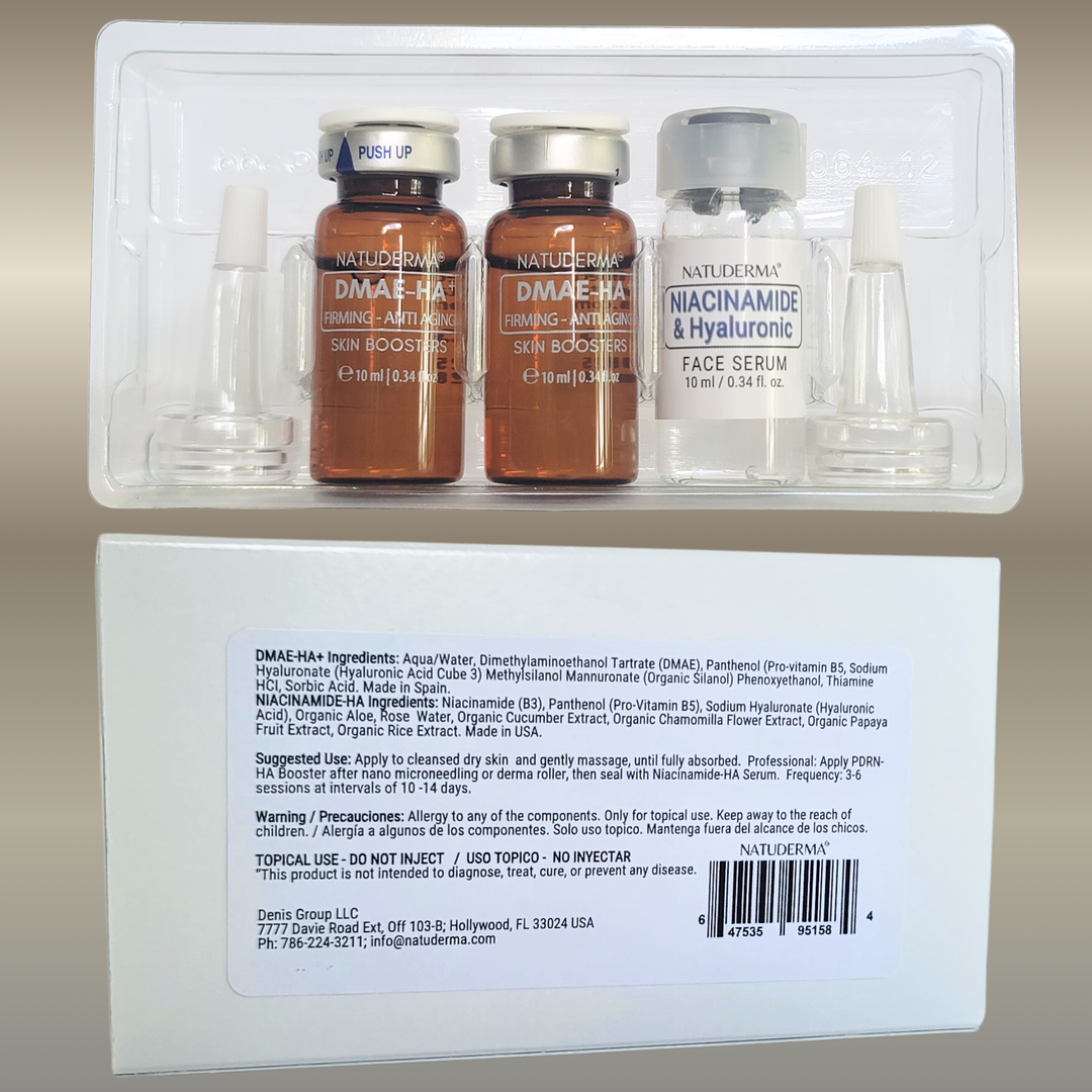 Natuderma DMAE FIRMING Microneedling serum, virtual mesotherapy product, 3 skincare vial and box with label.