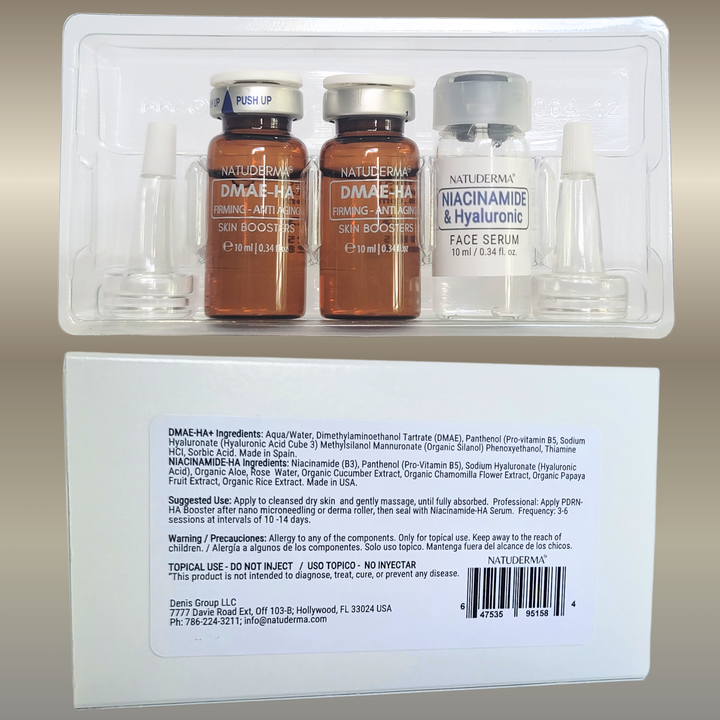 Natuderma DMAE FIRMING Microneedling serum, virtual mesotherapy product, 3 skincare vial and box with label.