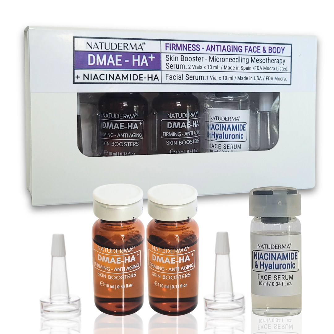 Natuderma DMAE-HA Microneedling serum for firming,  skin booster product set including 3 vials and a box on a white background