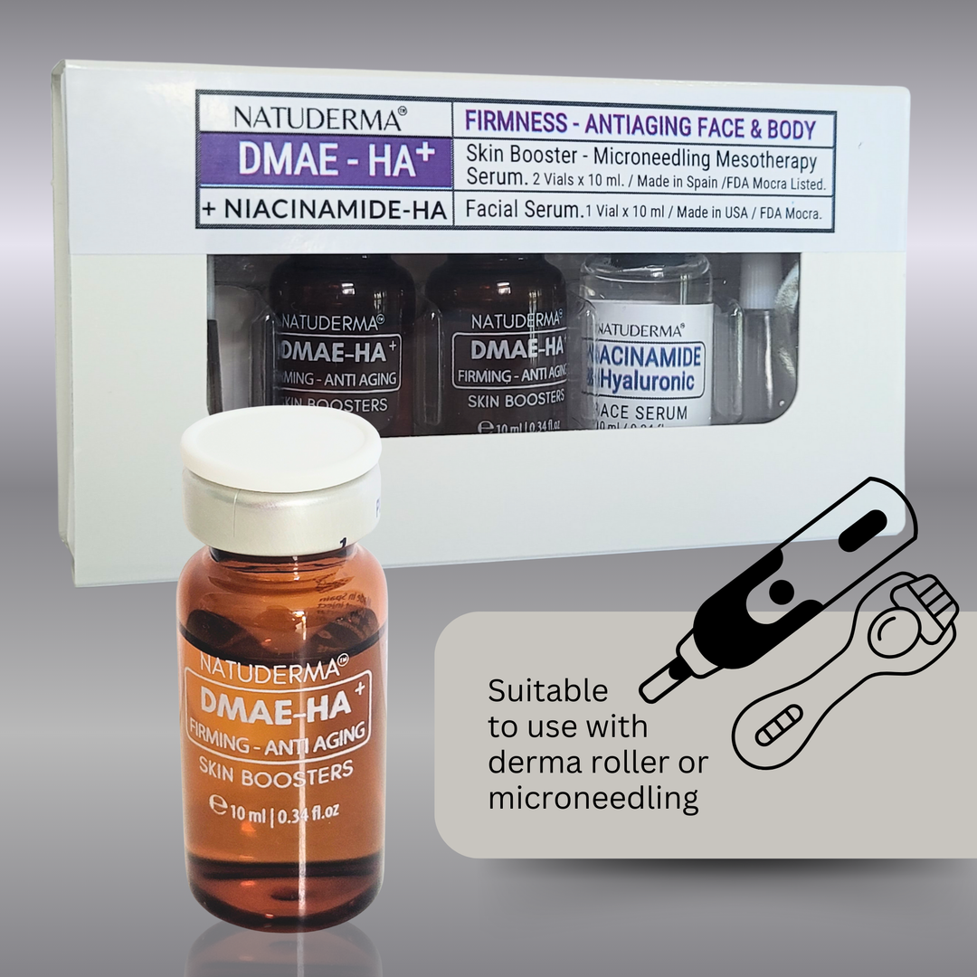Natuderma DMAE-HA skin booster serum packaging with a vial in front on a gray background