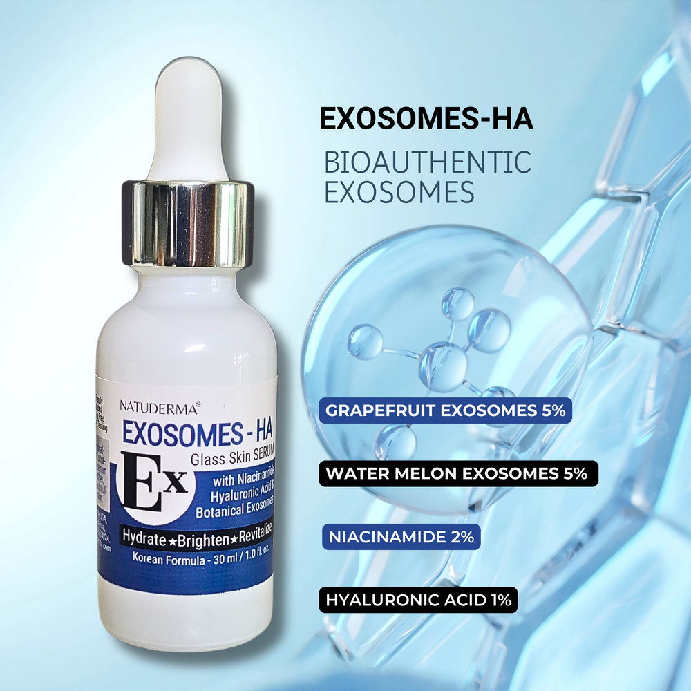 Exosome_HA Glass skin rejuvenating, brightening, facial serum with hyaluronic Acid, niacinamide, and fruit derived exosomes.