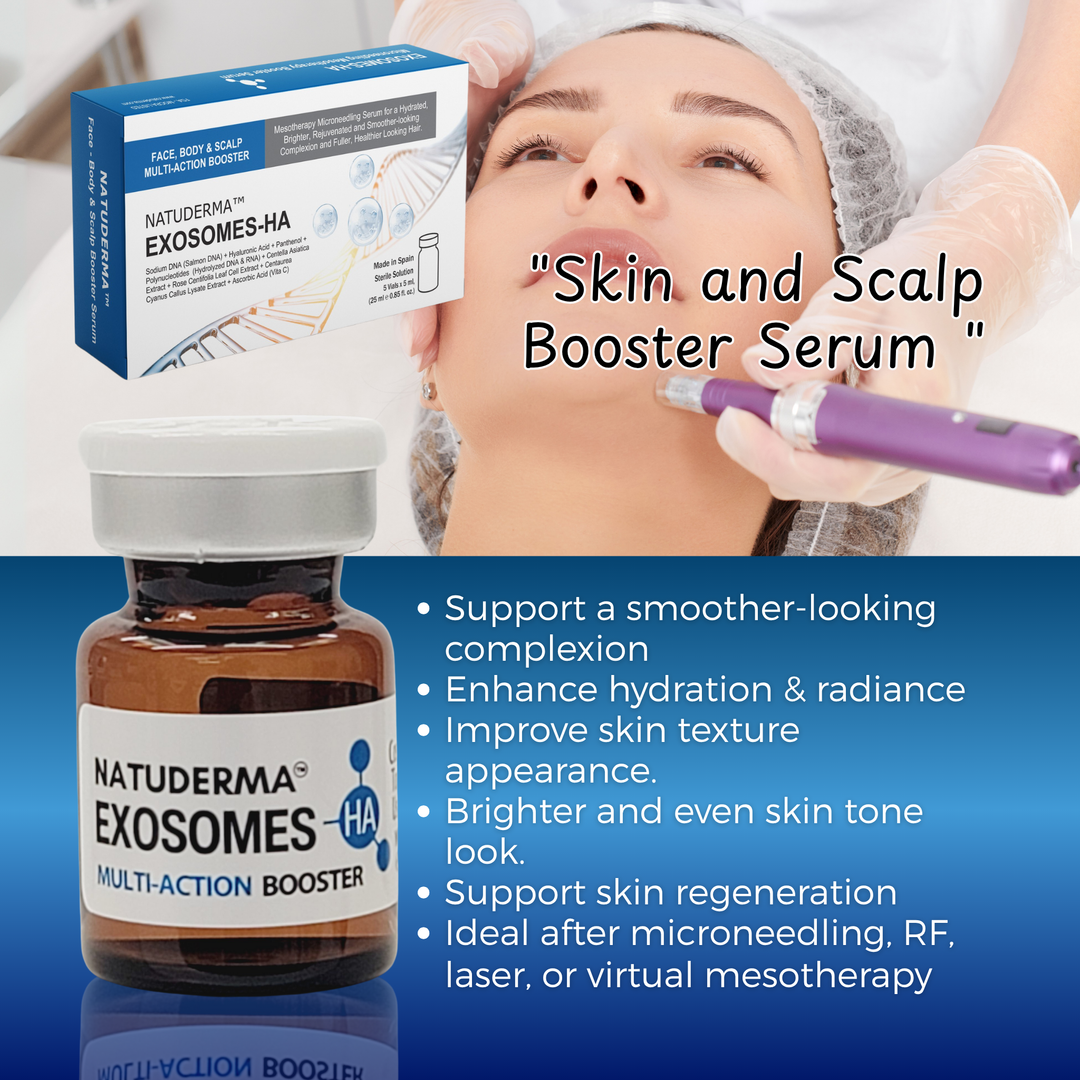 Naturderma Exosomes-HA Multi-Action Booster with a woman receiving treatment and product packaging.
