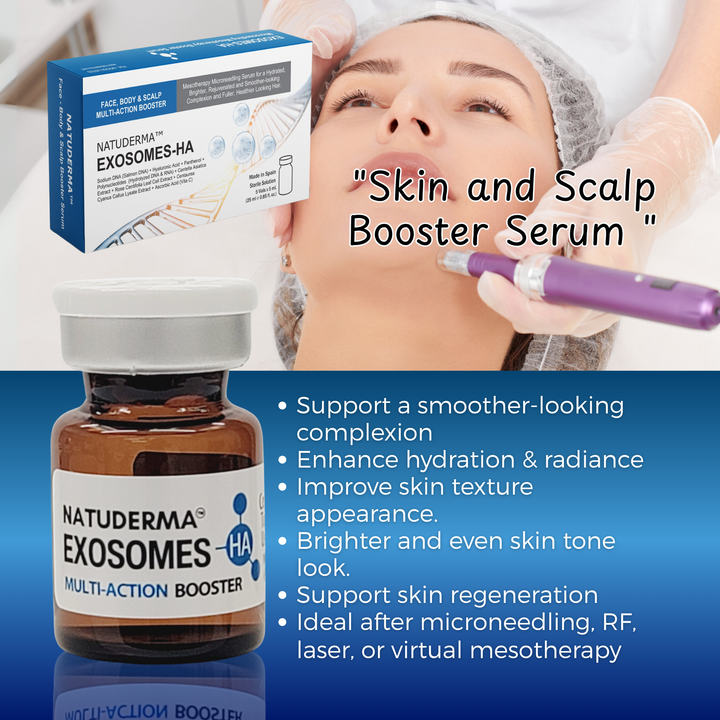 Naturderma Exosomes-HA Multi-Action Booster with a woman receiving treatment and product packaging.