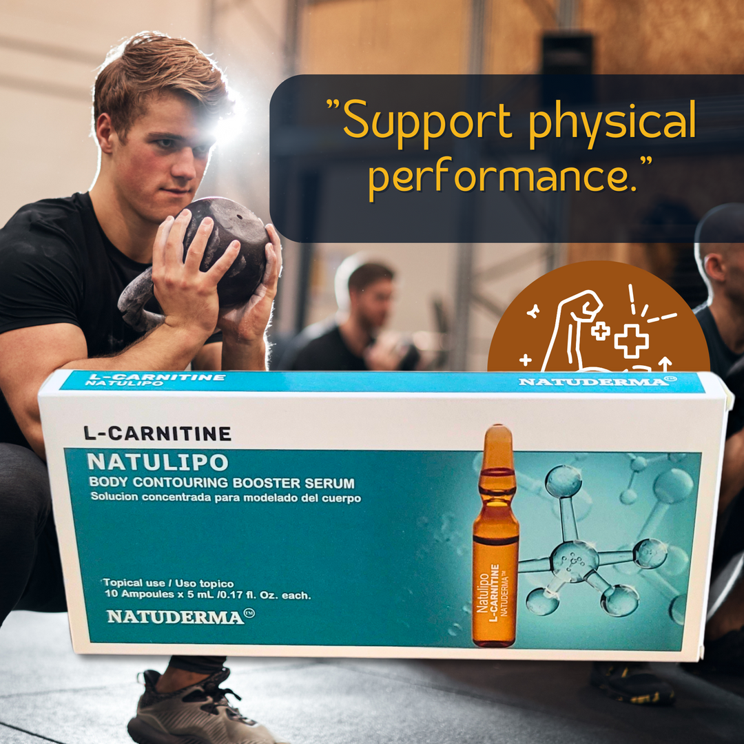 Box of L-Carnitine Natulipo body contouring booster serum with ampoules for weight loss and fitness support, ideal for topical application