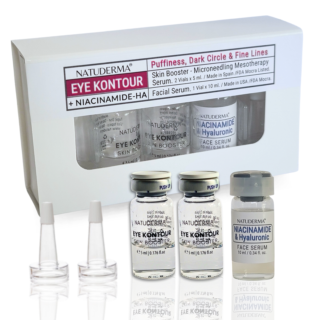 Natuderma Eye Kontour  Microneedling Serum, 2 vials  & Niacinamide-HA Serum; for  puffiness, dark circle and fine lines.