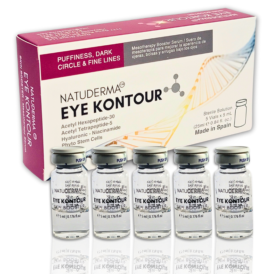 Natuderma Eye Kontour  microneedling serum with packaging and 5 vials on a white background; for  puffiness, dark circle and fine lines.