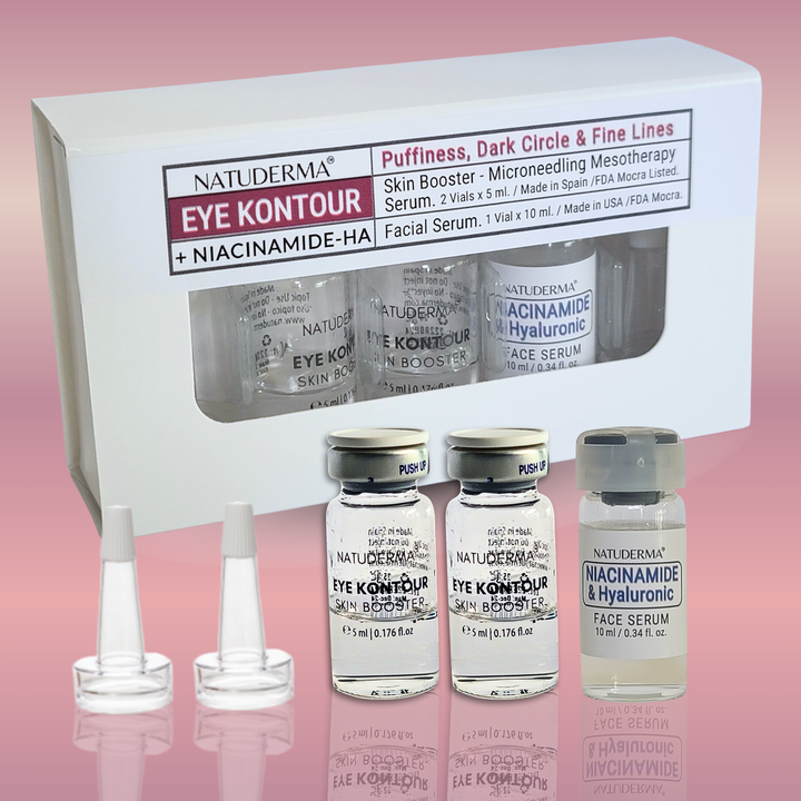 NATUDERMA Eye Kontour microneedling serum set for dark circle and puffiness under eye areas on a pink background