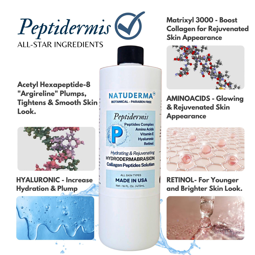 Hydrodermabrasion serum and oxygen infusion solution Peptidermis, with peptides complex, Hyaluronic Acid and Retinolmade in USA by Natuderma