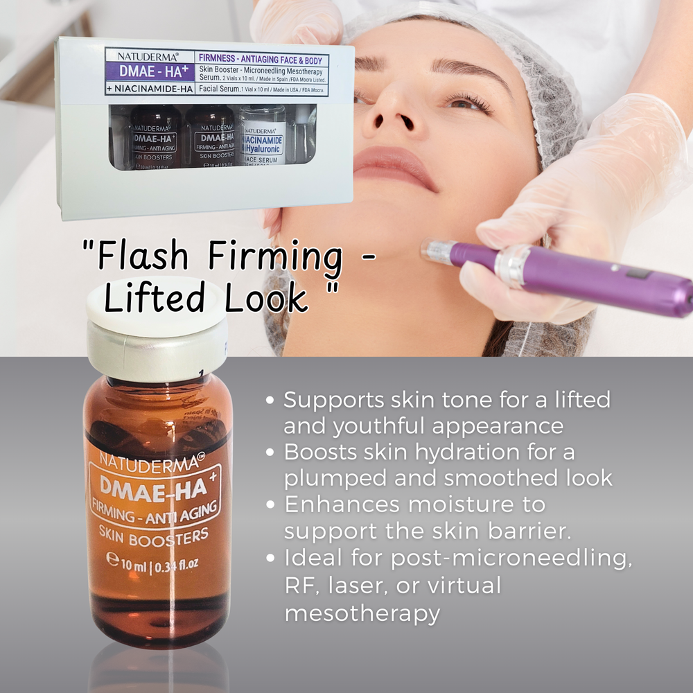 Natuderma DMAE-HA  firming after microneedling serum, showing skin benefits and a person receiving microneedling.