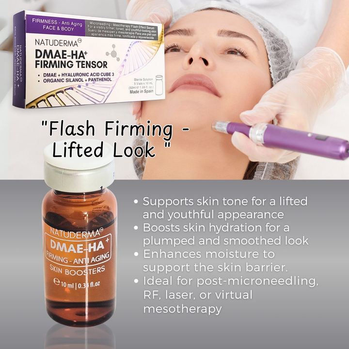 Woman receiving microneedling  treatment with Natuderma DMAE - HA serum, mesotherapy topical product and packaging.