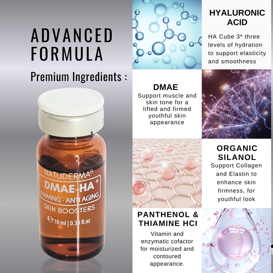 Natuderma DMAE-HA skin booster bottle with advanced formula ingredients displayed on a gray background
