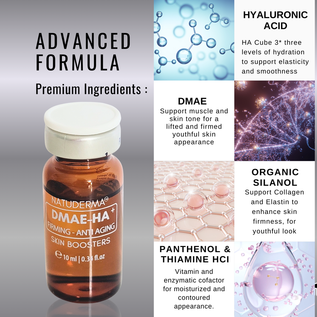 Natuderma DMAE-HA skin booster bottle with advanced formula ingredients displayed on a gray background.