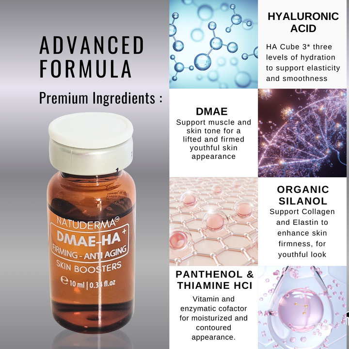 Natuderma DMAE-HA skin booster bottle with advanced formula ingredients displayed on a gray background.