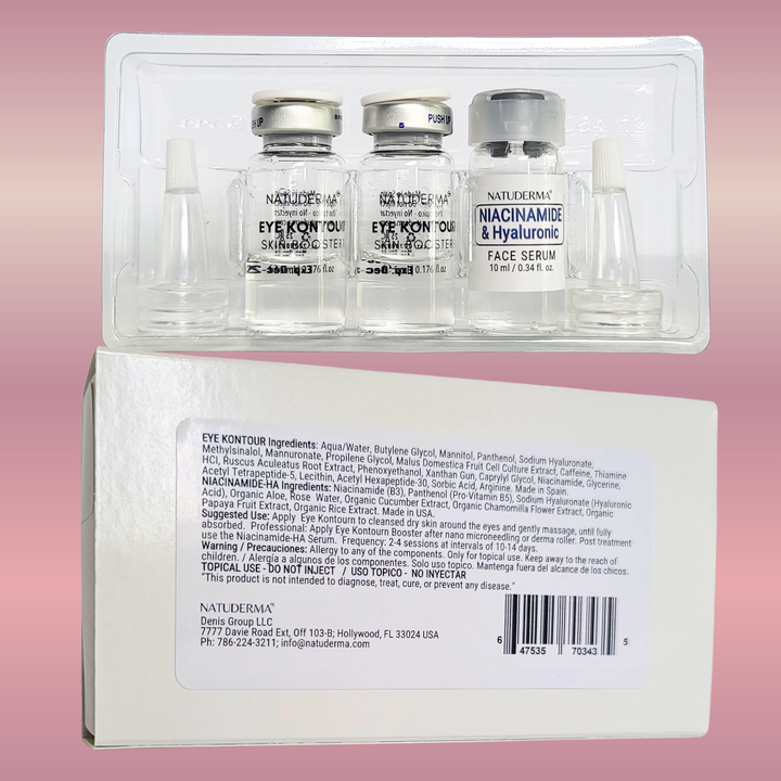 Natuderma Eye Contour, after Microneedling serum  for dark circle and puffiness, product set with vials and packaging on a pink background