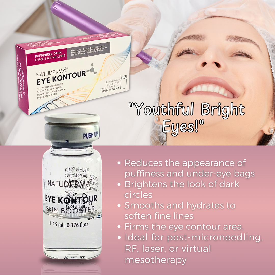 Natuderma Eye Kontour skin booster benefits for  puffiness, dark circle and fine lines; with product packaging and a woman receiving treatment.