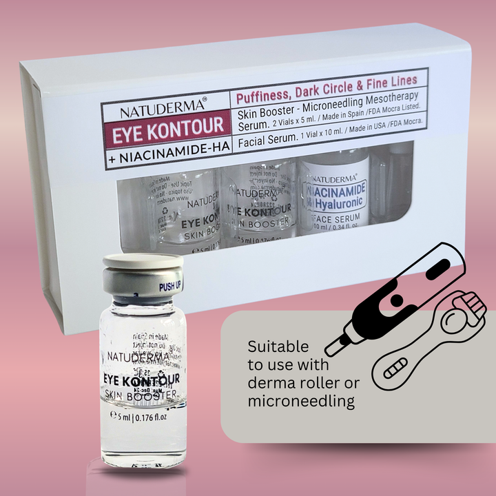 NATUDERMA Eye Kontour skin booster with packaging on a pink background, suitable after microneedling or derma roller