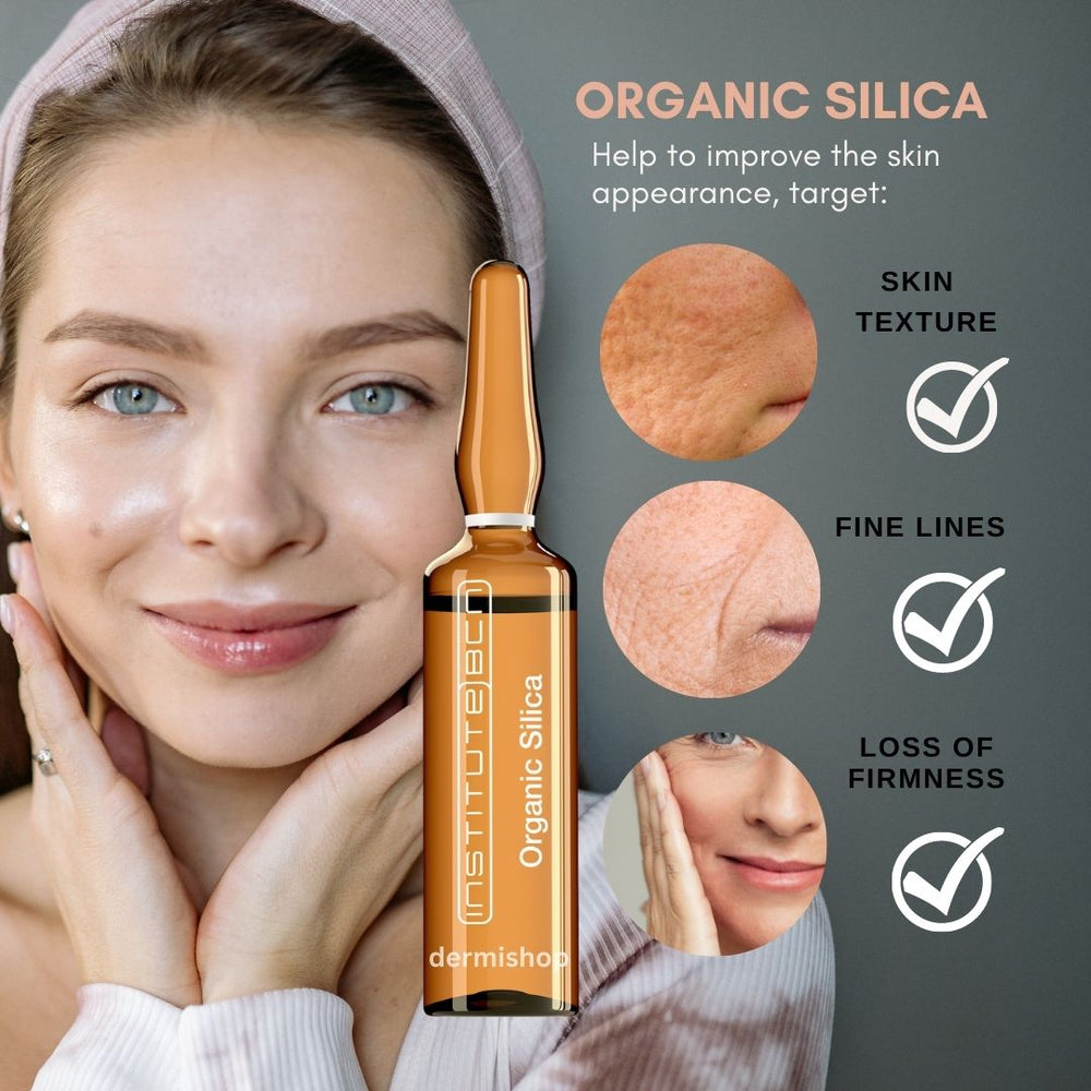 Institute BCN Organic Silica ampoules, with background of women and pictures referring to its benefits