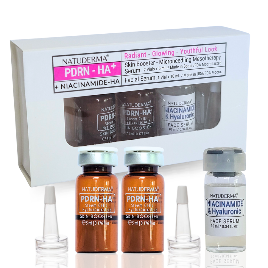 Natuderma Rejuvenating skincare set with PDRN Skin Booster microneedling serum vials.