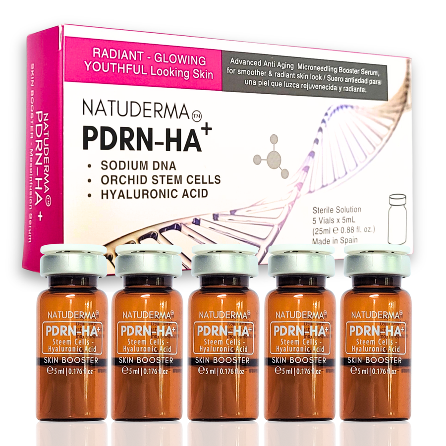 Natuderma PDRN-HA skin booster, serum to use after microneedling or mesotherapy with salmon sperm DNA and Hyaluronic acid, packaging with 5 vials on a white background