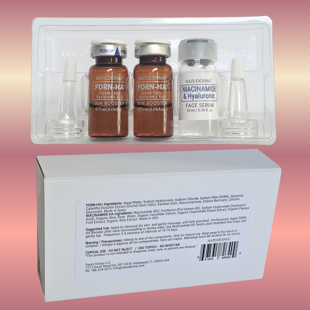 PDRN  Cosmetic Skin Serum vials  and packaging on a pink gradient background
