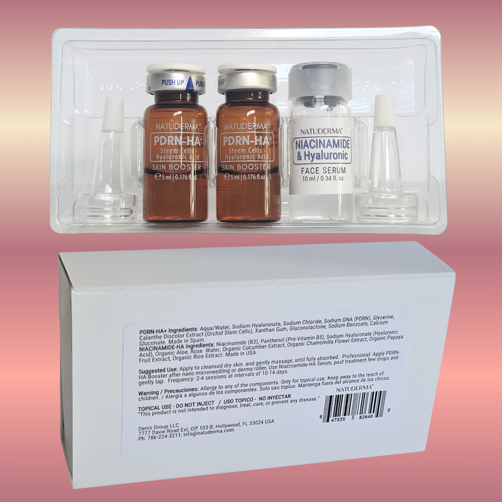 PDRN  Cosmetic Skin Serum vials  and packaging on a pink gradient background