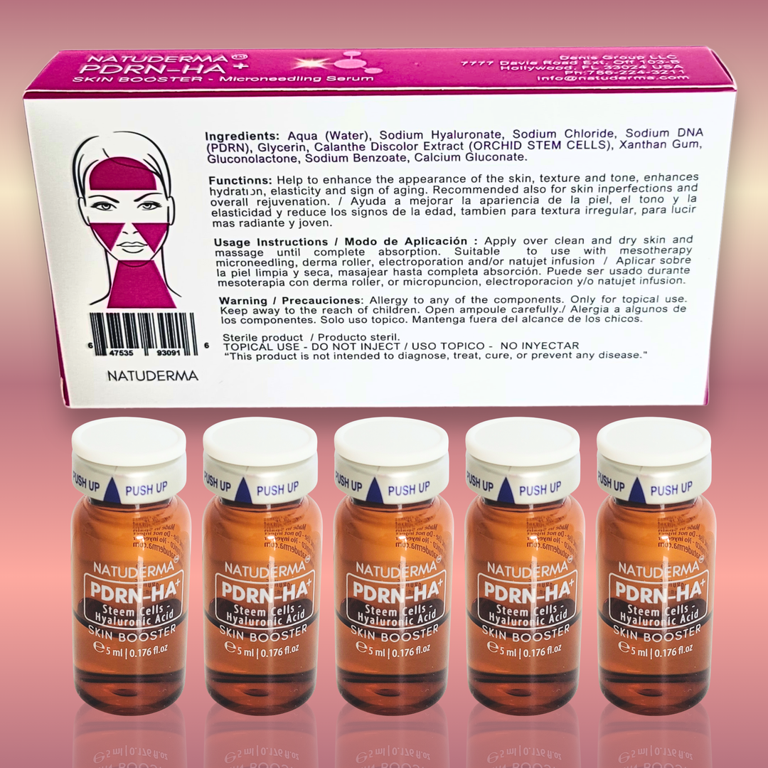 Natuderma PDRN-HA skin booster , 5 vials of sodium DNA or salmon DNA and Hyaluronic acid,  with packaging in the background