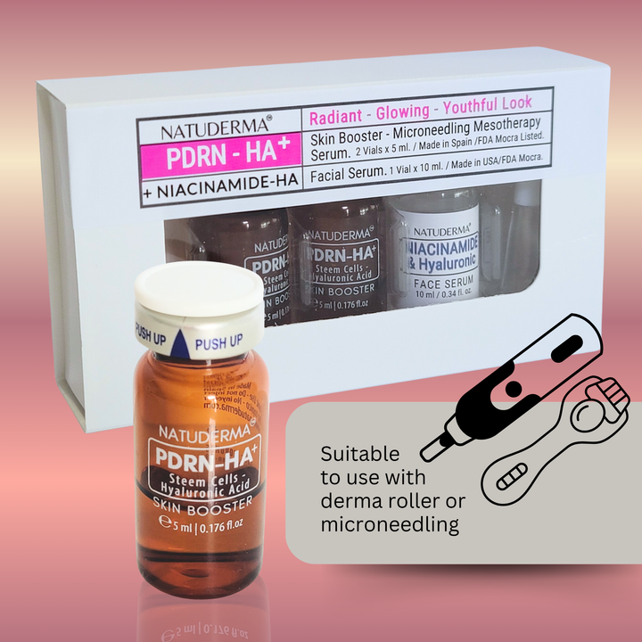 Natuderma PDRN-HA skin booster with packaging , suitable for derma roller and microneedling, on a gradient background
