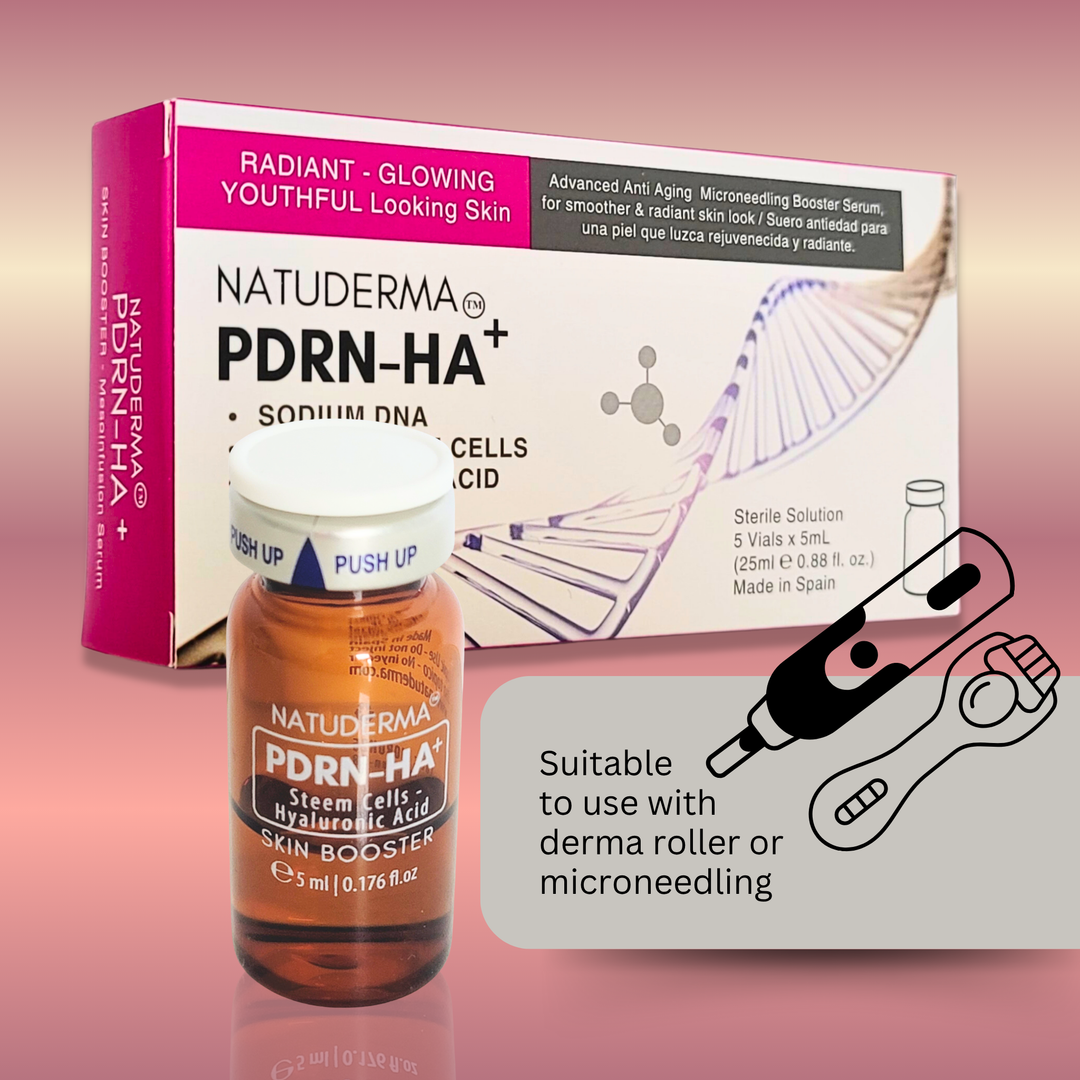 Natuderma PDRN-HA+ skin booster ; Salmon Sperm DNA and Hyaluronic Acid with stem cells for microneedling, bottle and packaging on pink background