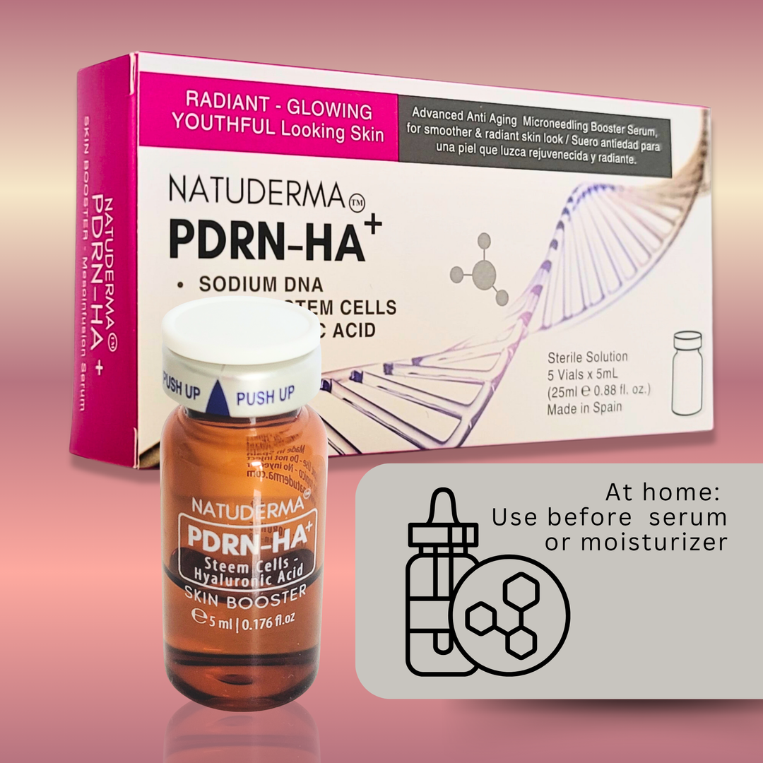 Natuderma PDRN-HA+ skin booster ,  sodium DNA plus Hyaluronic acid and stem cells for microneedling,  vial and packaging on a pink background