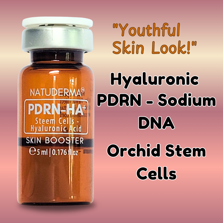 Natuderma PDRN-HA+ skin booster serum to use after microneedling with PDRN, Salmon sperm DNA, Orchid Stem Cells, on a pink background