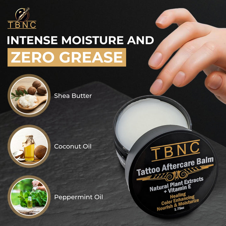 TBNC tattoo aftercare balm with ingredients and benefits on a dark background