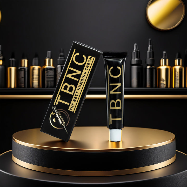 TBNC numbing cream for microneedling packaging on a black and gold platform with a dark background