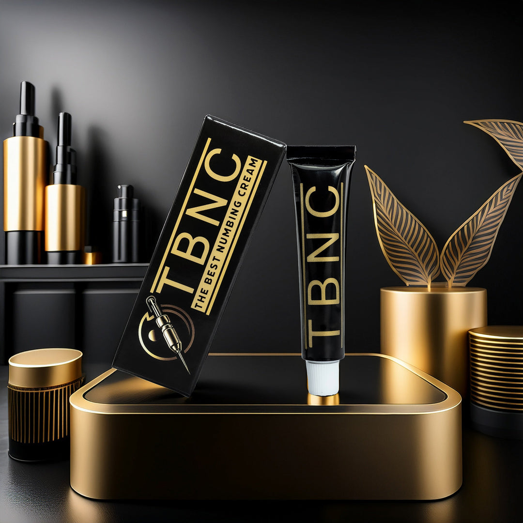 TBNC skincare products on a dark background with gold accents