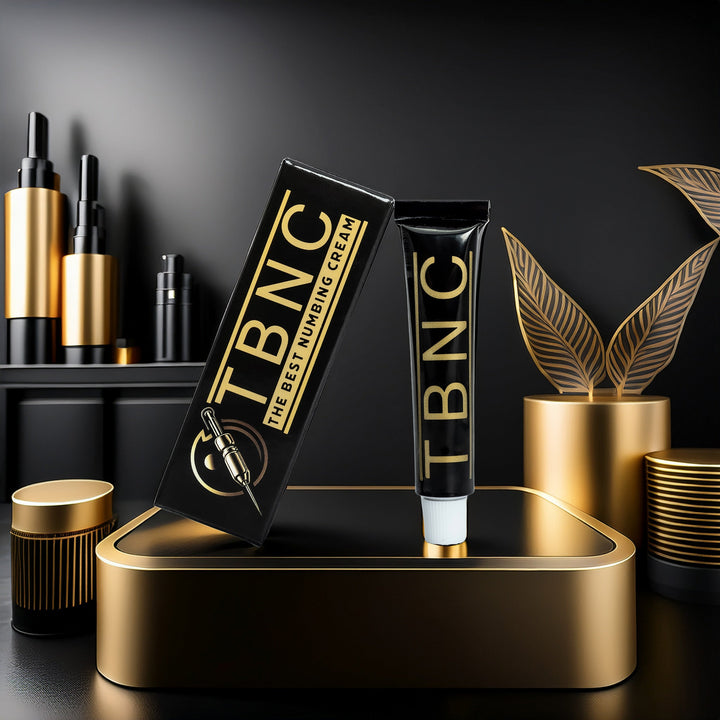 TBNC skincare products on a dark background with gold accents
