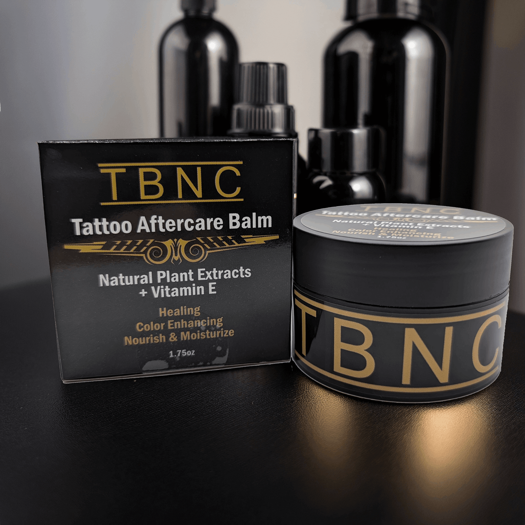 TBNC Tattoo Aftercare Balm packaging with black background