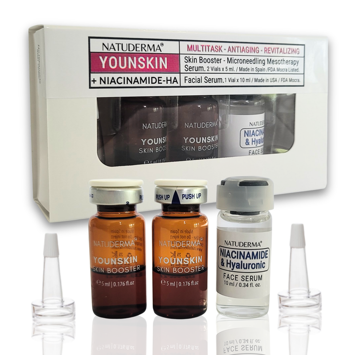 Natuderma Younskin skin care product set with bottles and box on a white background