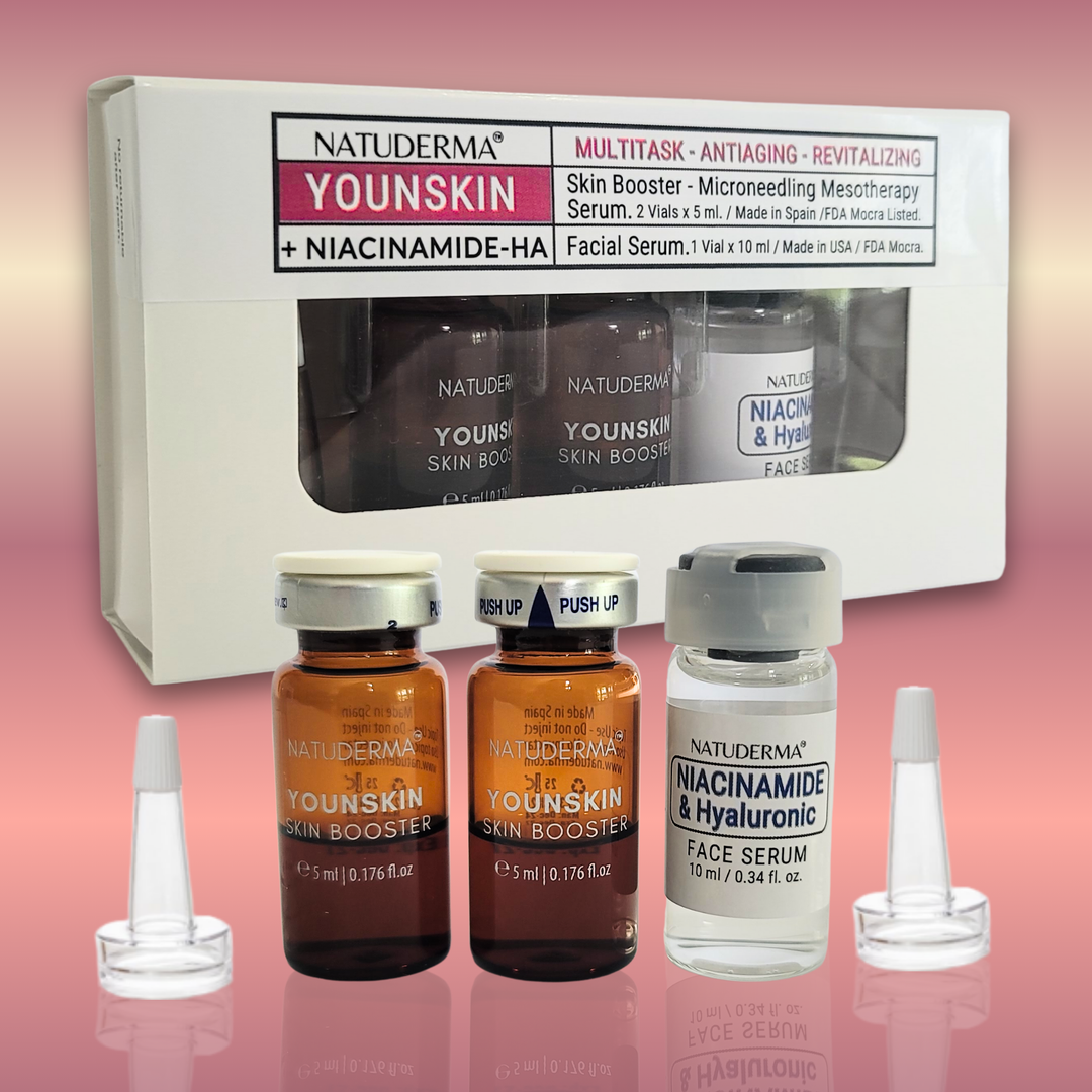 Natuderma Younskin skincare products including serum bottles and packaging on a gradient background