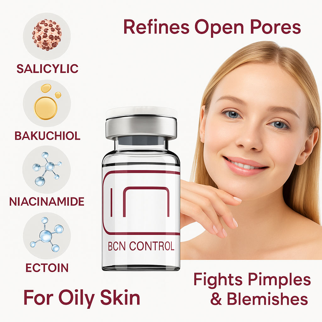 Bcn Control a face serum with salicylic acid, niacinamide and ectoin for pimples and refines open pores showing by a young blond women