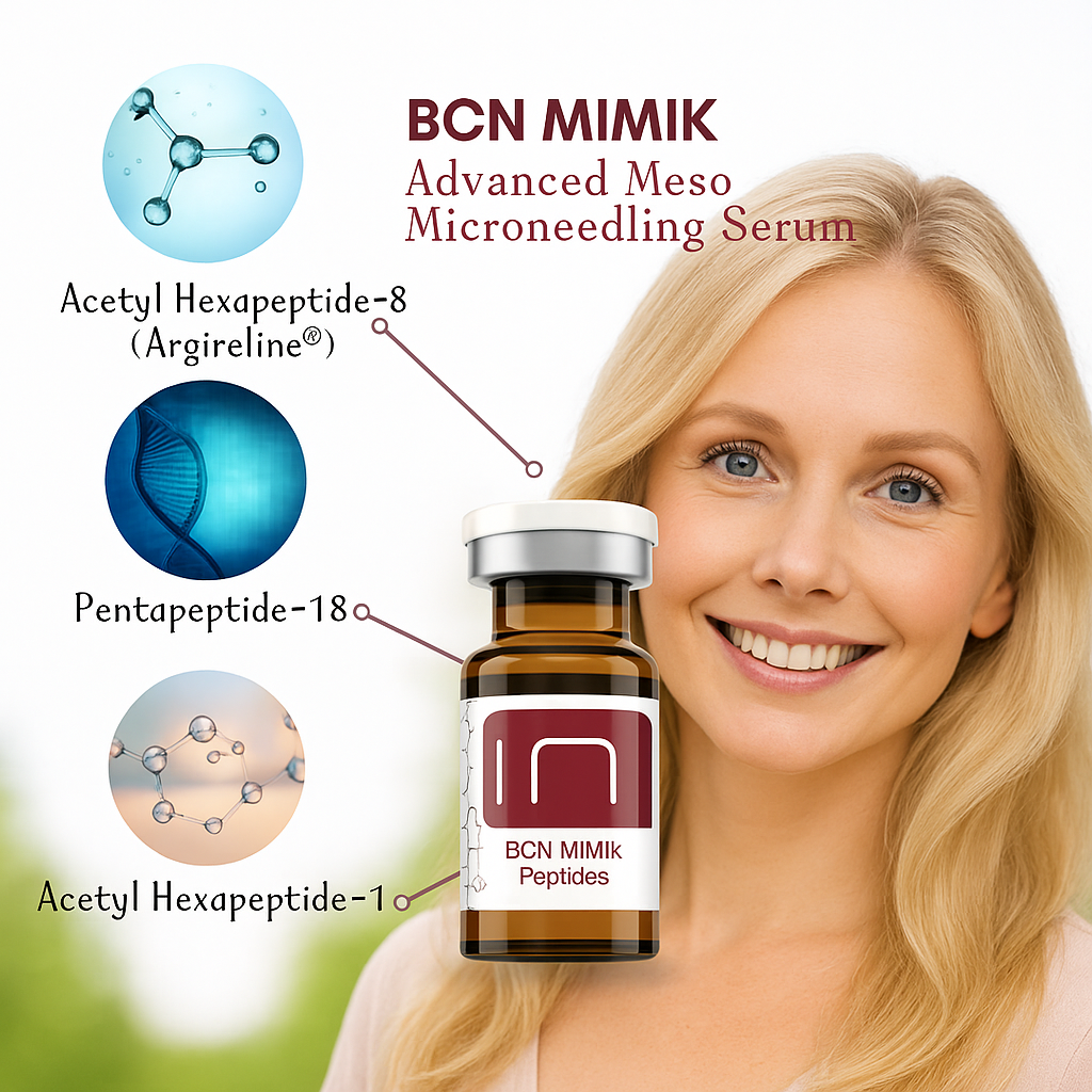 BCN Mimik advance meso microneedling anti-wrinkle serum with peptides and argireline, bshowing a blonded women and one vial.