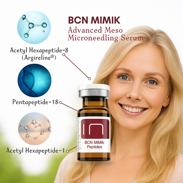 BCN Mimik advance meso microneedling anti-wrinkle serum with peptides and argireline, bshowing a blonded women and one vial.